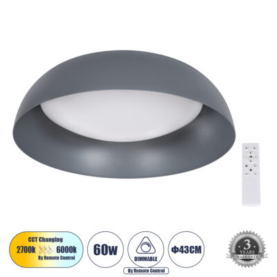 LEDTM® ANATOLIA 61262 Πλαφονιέρα Οροφής LED CCT 60W 6900lm 120° AC 220-240V - Εναλλαγή Φωτισμού μέσω Τηλεχειριστηρίου All In One Ψυχρό 6000k+Φυσικό 4500k+Θερμό 2700k Dimmable Φ43cm - Γκρι Ανθρακί - 3 Years Warranty