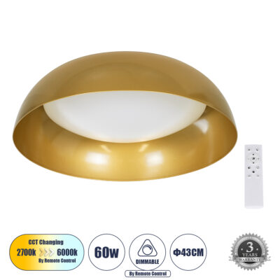LEDTM® ANATOLIA 61263 Πλαφονιέρα Οροφής LED CCT 60W 6900lm 120° AC 220-240V - Εναλλαγή Φωτισμού μέσω Τηλεχειριστηρίου All In One Ψυχρό 6000k+Φυσικό 4500k+Θερμό 2700k Dimmable Φ43cm - Χρυσό - 3 Years Warranty