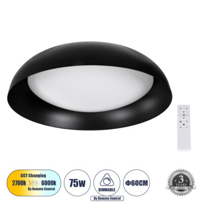 LEDTM® ANATOLIA 61264 Πλαφονιέρα Οροφής LED CCT 75W 8625lm 120° AC 220-240V - Εναλλαγή Φωτισμού μέσω Τηλεχειριστηρίου All In One Ψυχρό 6000k+Φυσικό 4500k+Θερμό 2700k Dimmable Φ60cm - Μαύρο - 3 Years Warranty