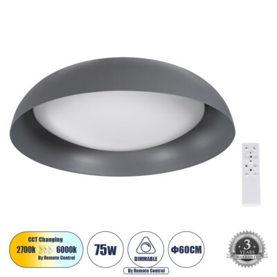 LEDTM® ANATOLIA 61265 Πλαφονιέρα Οροφής LED CCT 75W 8625lm 120° AC 220-240V - Εναλλαγή Φωτισμού μέσω Τηλεχειριστηρίου All In One Ψυχρό 6000k+Φυσικό 4500k+Θερμό 2700k Dimmable Φ60cm - Γκρι Ανθρακί - 3 Years Warranty