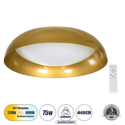LEDTM® ANATOLIA 61266 Πλαφονιέρα Οροφής LED CCT 75W 8625lm 120° AC 220-240V - Εναλλαγή Φωτισμού μέσω Τηλεχειριστηρίου All In One Ψυχρό 6000k+Φυσικό 4500k+Θερμό 2700k Dimmable Φ60cm - Χρυσό - 3 Years Warranty