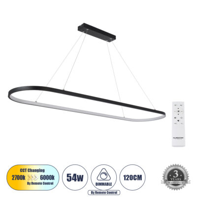 LEDTM® BOLIVAR 61271 Μοντέρνο Κρεμαστό Φωτιστικό Οροφής LED 54W 6210lm 360° AC 220-240V IP20 Ρυθμιζόμενο Λευκό CCT με Χειριστήριο από 2700K έως 6000K Dimmable - Lumileds SMD Chip - Μαύρο Ματ - Μ120 x Π30 x Υ2cm - 3 Χρόνια Εγγύηση