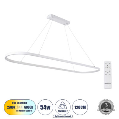 LEDTM® BOLIVAR 61272 Μοντέρνο Κρεμαστό Φωτιστικό Οροφής LED 54W 6210lm 360° AC 220-240V IP20 Ρυθμιζόμενο Λευκό CCT με Χειριστήριο από 2700K έως 6000K Dimmable - Lumileds SMD Chip - Λευκό Ματ - Μ120 x Π30 x Υ2cm - 3 Χρόνια Εγγύηση