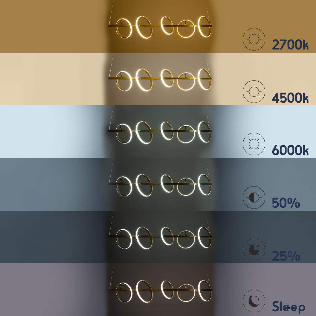 LEDTM® CIRCOLARE 61322 Μοντέρνο Κρεμαστό Φωτιστικό Οροφής LED 75W 8400lm 360° AC 220-240V IP20 Ρυθμιζόμενο Λευκό CCT με Χειριστήριο από 2700K έως 6000K Dimmable - Lumileds SMD Chip - Χρυσό - Μ120 x Π25 x Υ25cm - 3 Χρόνια Εγγύηση - Image 13