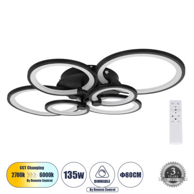 LEDTM® ROYAL-R 61323 Φωτιστικό Οροφής Design LED CCT 135W 16200lm 360° AC 220-240V - Εναλλαγή Φωτισμού μέσω Τηλεχειριστηρίου All In One Ψυχρό 6000k+Φυσικό 4500k+Θερμό 2700k Dimmable Μ80.5 x Π59 x Υ12cm - Μαύρο - 3 Years Warranty