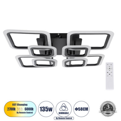 LEDTM® ROYAL-S 61325 Φωτιστικό Οροφής Design LED CCT 135W 16200lm 360° AC 220-240V - Εναλλαγή Φωτισμού μέσω Τηλεχειριστηρίου All In One Ψυχρό 6000k+Φυσικό 4500k+Θερμό 2700k Dimmable Μ58.5 x Π58.5 x Υ12cm - Μαύρο - 3 Years Warranty