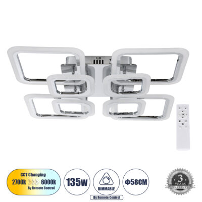 LEDTM® ROYAL-S 61326 Φωτιστικό Οροφής Design LED CCT 135W 16200lm 360° AC 220-240V - Εναλλαγή Φωτισμού μέσω Τηλεχειριστηρίου All In One Ψυχρό 6000k+Φυσικό 4500k+Θερμό 2700k Dimmable Μ58.5 x Π58.5 x Υ12cm - Ασημί Νίκελ - 3 Years Warranty