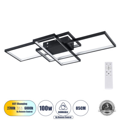 LEDTM® QUADRA 61385 Μοντέρνο Φωτιστικό Οροφής LED 100W 12000lm 120° AC 220-240V IP20 Ρυθμιζόμενο Λευκό CCT με Χειριστήριο από 2700K έως 6000K Dimmable - Lumileds SMD Chip - Μαύρο Ματ - Μ85 x Π45 x Υ9cm - 3 Χρόνια Εγγύηση