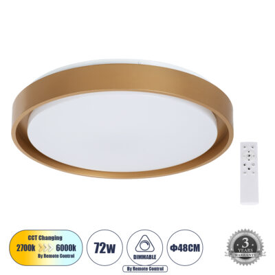 LEDTM® BARCHETTA 61399-S Πλαφονιέρα Οροφής LED CCT 72W 8306lm 120° AC 220-240V - Εναλλαγή Φωτισμού μέσω Τηλεχειριστηρίου All In One Ψυχρό 6000k+Φυσικό 4500k+Θερμό 2700k Dimmable Φ48cm - Χρυσό - 3 Years Warranty