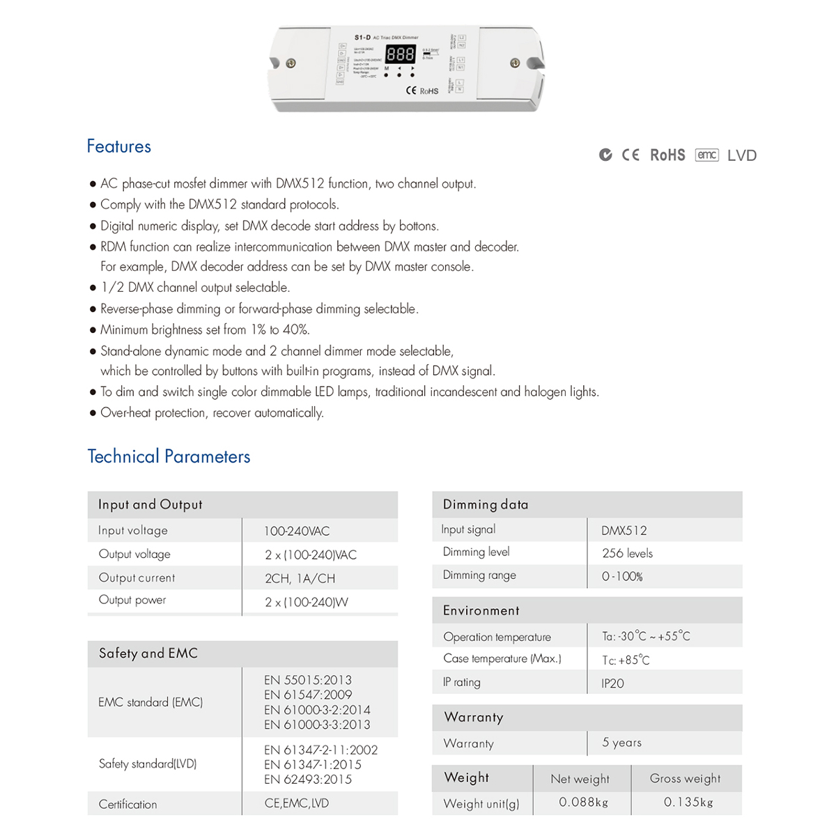 LEDTM® SKYDANCE-S1-D 70671 AC Trailing Edge DMX Dimmer με 2 x 1A 240W Κανάλια AC 220-240V 2A 480W Max IP20 - DMX512 & RDM - Μ16.7 x Π5 x Υ2.4cm - 5 Χρόνια Εγγύηση - Image 7