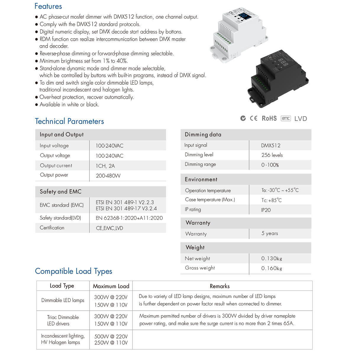 LEDTM® SKYDANCE-S1-D1 70672 AC Trailing Edge DMX Dimmer Ράγας με 1 x 2A 480W Κανάλι AC 220-240V 2A 480W Max IP20 - DMX512 & RDM - Μ11.5 x Π5 x Υ6.5cm - 5 Χρόνια Εγγύηση - Image 10