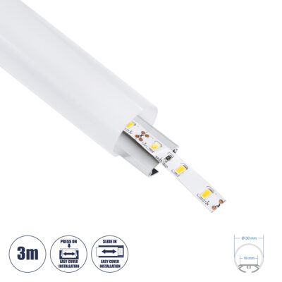 LEDTM® ALP-ROUND TUBIT 70853-3M Επιφανειακό & Κρεμαστό Προφίλ Αλουμινίου με Λευκό Γαλακτερό Πατητό Κάλυμμα για Ταινίες LED IP20 - Ασημί - Μ300 x Π3 x Υ3cm