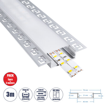 LEDTM® ALP-PLASTERIN GYPSO 70861-3M Χωνευτό Προφίλ Αλουμινίου Ειδικό για Γυψοσανίδα με Λευκό Γαλακτερό Πατητό Κάλυμμα για Ταινίες LED IP20 - Ασημί - Μ300 x Π7.8 x Υ1.4cm - Πακέτο 5 Τεμαχίων