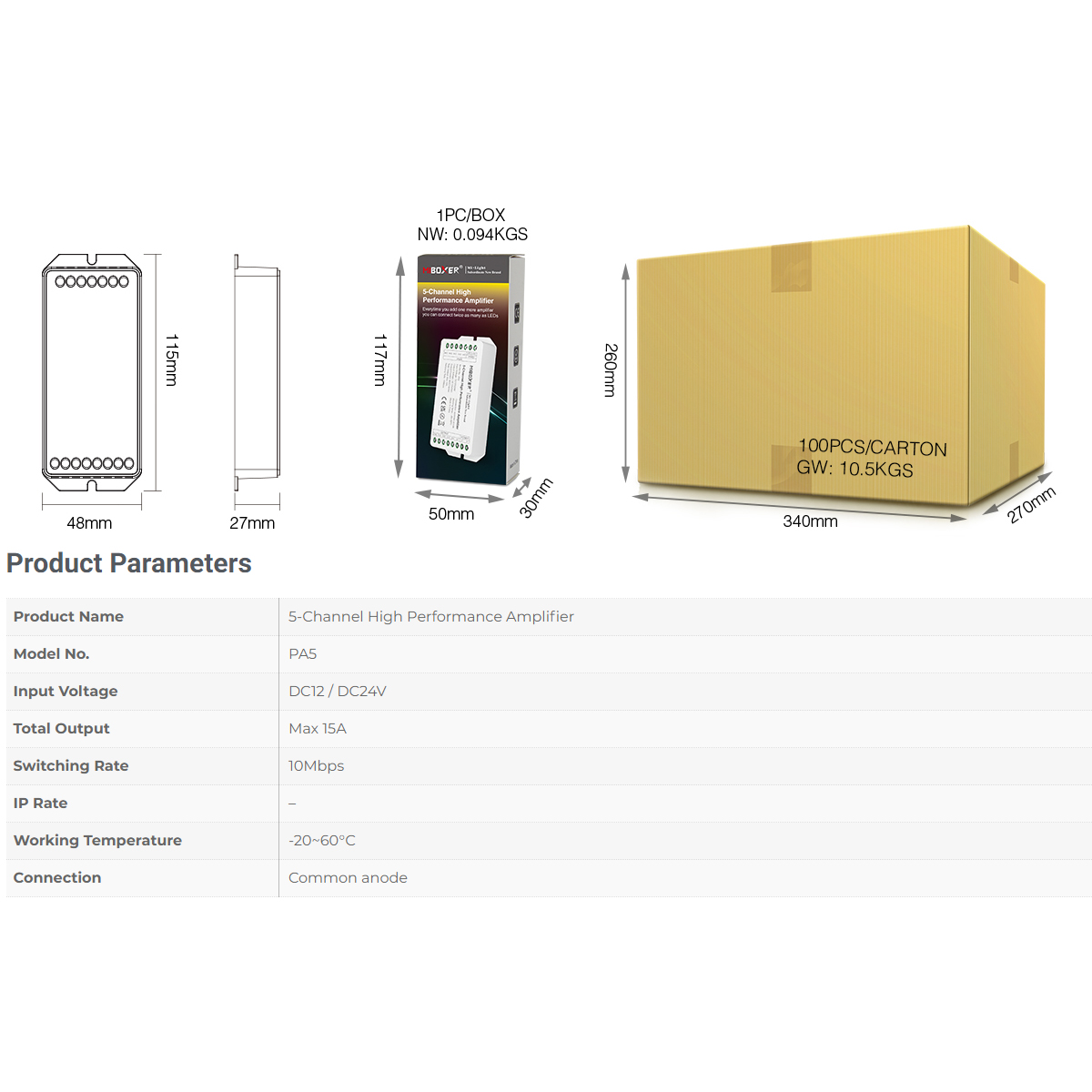 LEDTM® MiBOXER-PA5 71429 DC Ενισχυτής Ισχύος & Σήματος Υψηλής Ταχύτητας με 5 x 6A 144W Κανάλια DC 12-24V 15A 360W Max IP20 - Μ11.4 x Π4.9 x Υ2.8cm - 5 Χρόνια Εγγύηση - Image 16