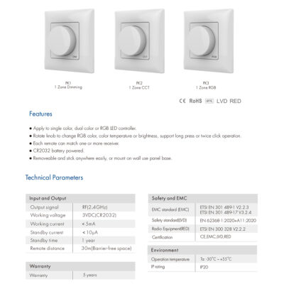 LEDTM® 71443 K1 Mi-BOXER Ασύρματο Επιτοίχιο Χειριστήριο Dimmer RF 2.4Ghz για όλα τα Μονόχρωμα Mi-BOXER Controller DC 3V 1 x CR2032 - IP20 Λευκό Μ8.5 x Π8.5 x Υ2.5cm - 5 Years Warranty - Image 9