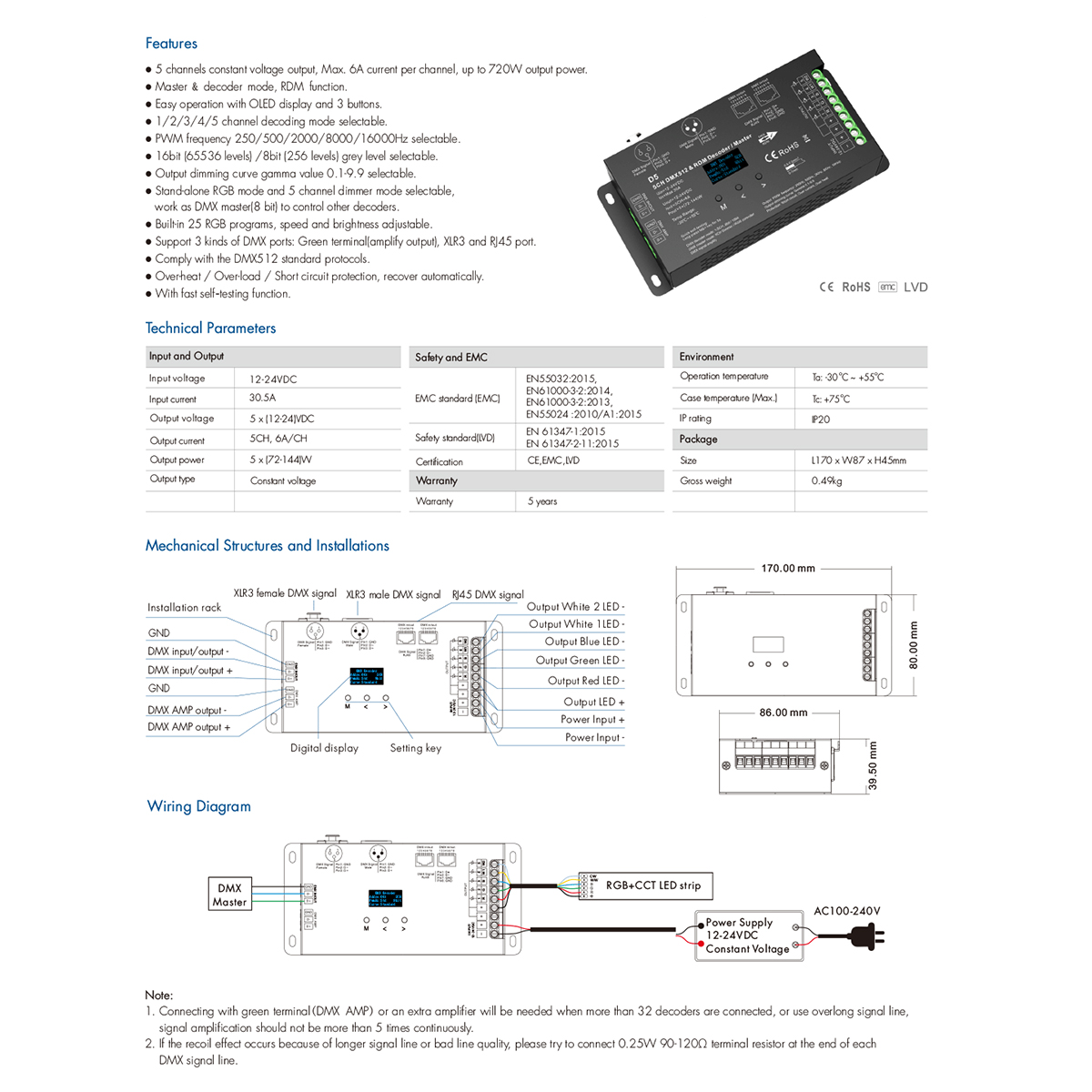 LEDTM® 71448 D5 SKYDANCE DC DMX & RDM Dimmer High Speed Controller / Decoder 5 Καναλιών DC 12-24V 5 x 6A 144W - Max 30A 864W - IP20 Μ17 x Π8 x Υ4cm - 5 Years Warranty - Image 10