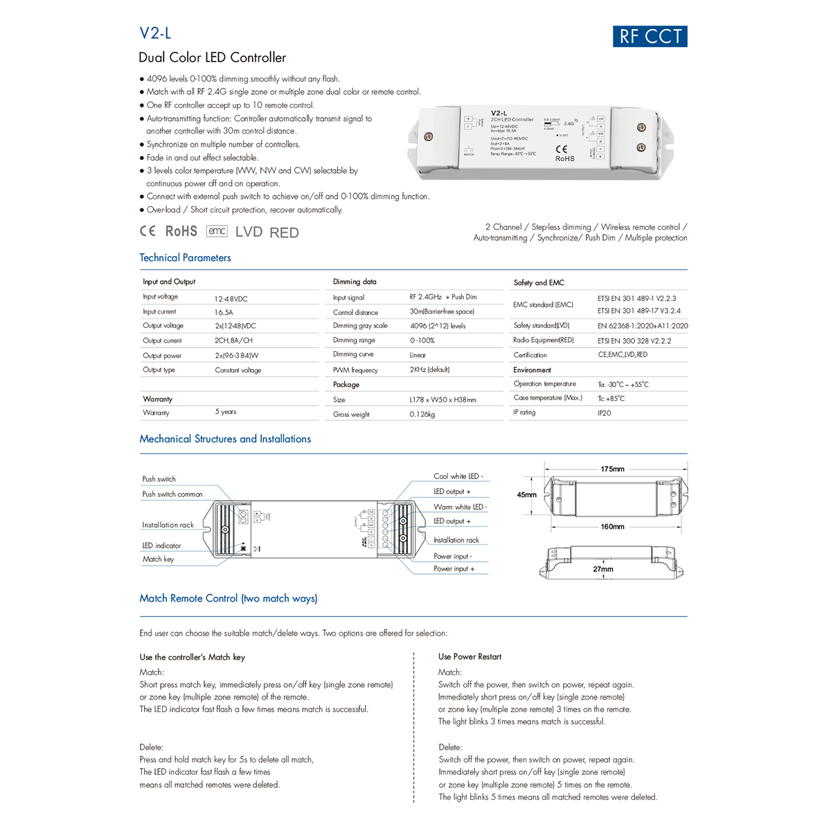 LEDTM® 71565 V2-L SKYDANCE DC RF 2.4Ghz Dimmer High Speed Controller & Push Dimming 2 Κανάλια DC 12-48V 2 x 8A 384W - Max 16.5A 384W - IP20 Μ17.5 x Π4.5 x Υ2.5cm - 5 Years Warranty - Image 9