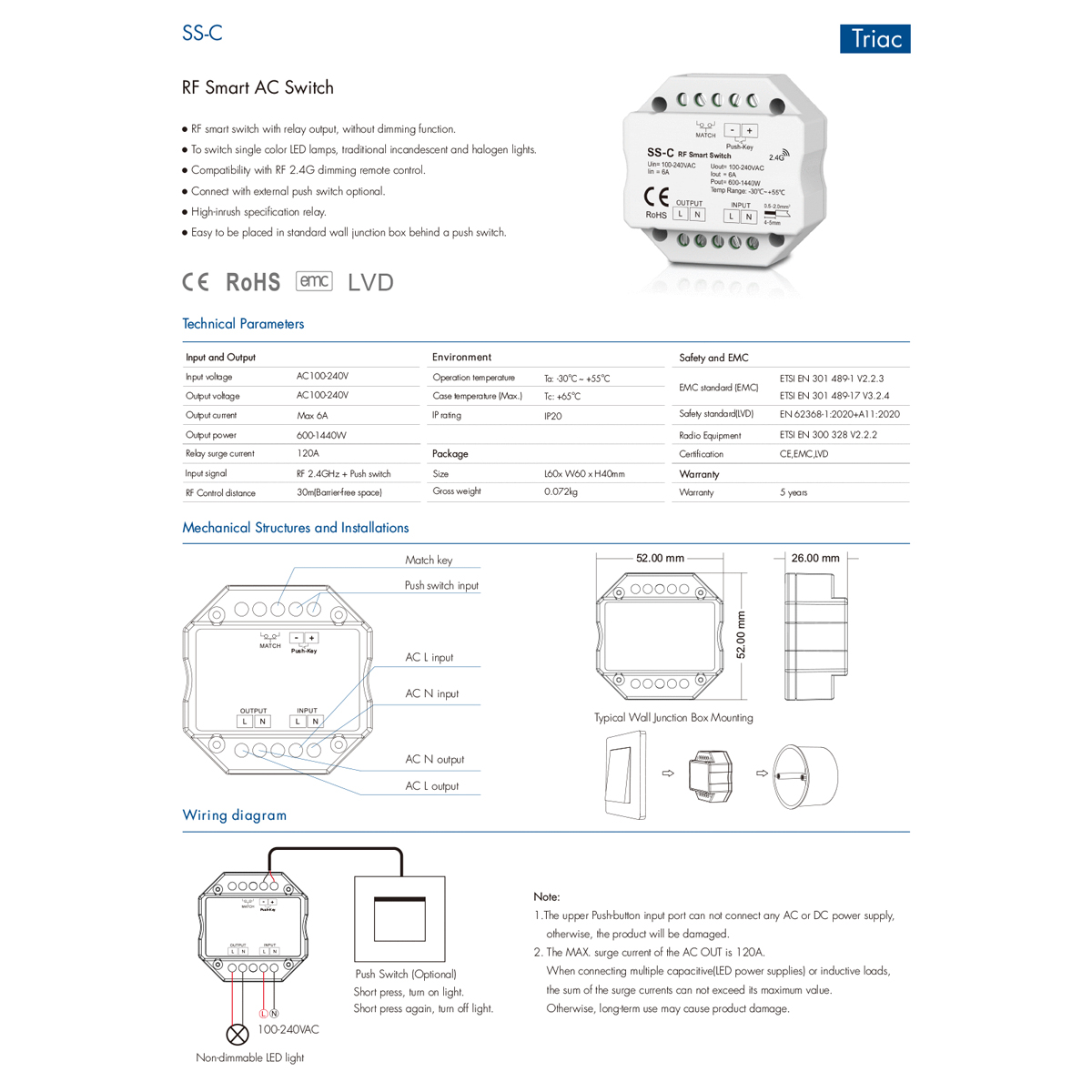 LEDTM® 73126 SS-C SKYDANCE AC RF 2.4Ghz & Push Switch 1 Κανάλι AC 100-240V 1 x 6A 1440W - Max 6A 1440W - IP20 Μ5.2 x Π5.2 x Υ2.6cm - 5 Χρόνια Εγγύηση - Image 7