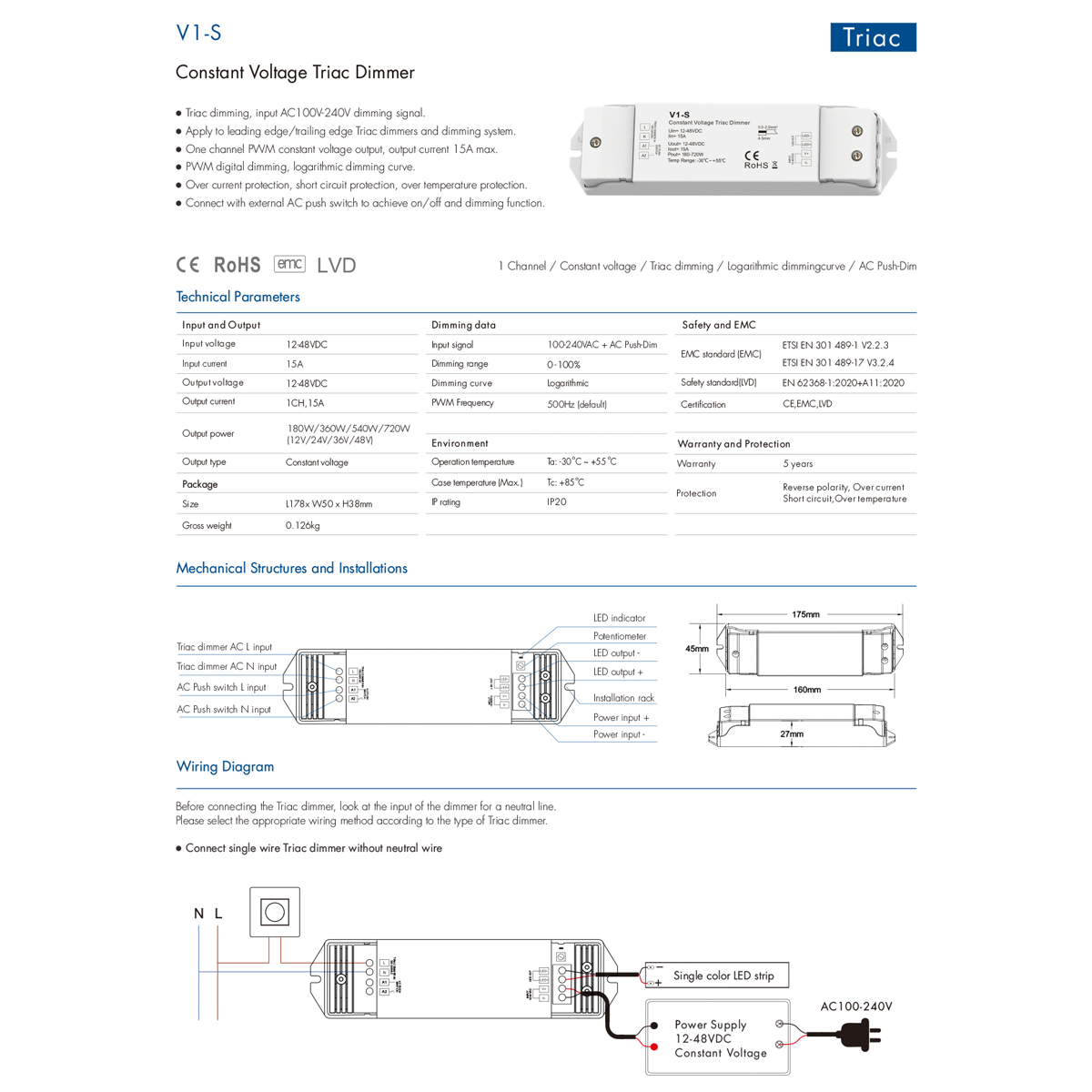 LEDTM® SKYDANCE-V1-S 73127 DC Triac & Push Dimmer CV Τροφοδοτικό/Μετασχηματιστής SELV με 1 x 15A 720W Κανάλι AC 220-240V σε DC 12-48V 15A 720W Max IP20 - Triac & Push Dimming - Μ17.5 x Π4.5 x Υ2.5cm - 5 Χρόνια Εγγύηση - Image 9
