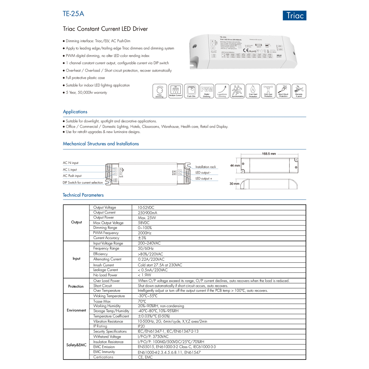 LEDTM® SKYDANCE-TE-25A 73134 DC Triac & Push Dimmer CC Τροφοδοτικό/Μετασχηματιστής SELV με 1 x 250-900mA 25W Κανάλι AC 220-240V σε DC 10-52V 900mA 25W Max IP20 - Triac & Push Dimming - Μ17.5 x Π4.4 x Υ3cm - 5 Χρόνια Εγγύηση - Image 9