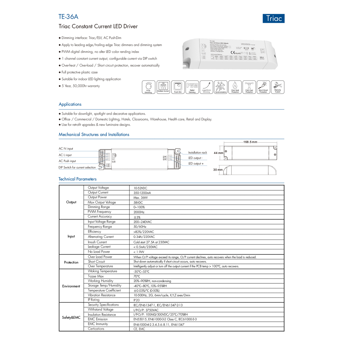 LEDTM® SKYDANCE-TE-36A 73135 DC Triac & Push Dimmer CC Τροφοδοτικό/Μετασχηματιστής SELV με 1 x 320-1200mA 36W Κανάλι AC 220-240V σε DC 10-52V 1200mA 36W Max IP20 - Triac & Push Dimming - Μ17.5 x Π4.4 x Υ3cm - 5 Χρόνια Εγγύηση - Image 9