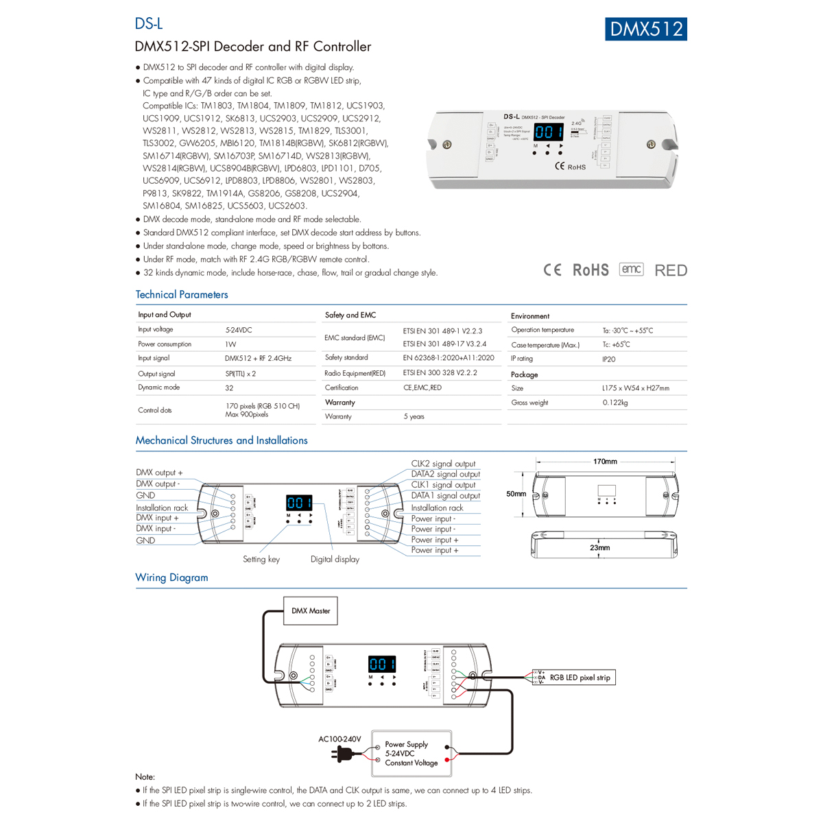 LEDTM® 73142 DS-L SKYDANCE DC RF 2.4Ghz DMX512 to SPI Decoder DC 5-24V - IP20 Μ17 x Π5 x Υ2.5cm - 5 Χρόνια Εγγύηση - Image 9