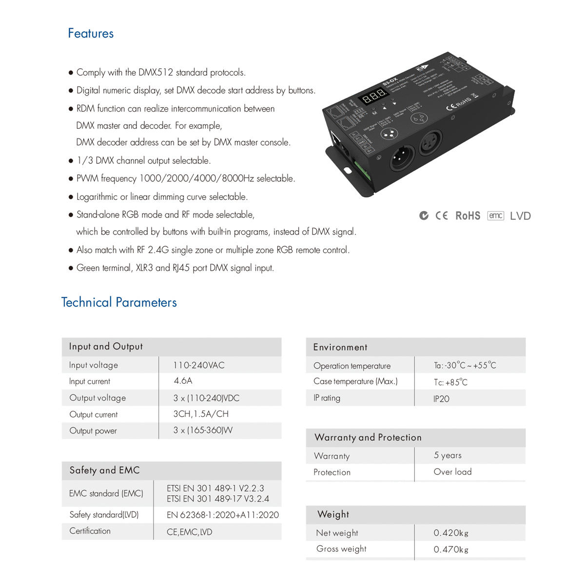 LEDTM® 73144 S3-DX SKYDANCE AC DMX512 High Voltage LED Strip Decoder 3 Καναλιών AC 110-240V 3 x 1.5A 360W - Max 4.6A 360W - IP20 Π16.5 x Π7 x Υ3.7cm - 5 Χρόνια Εγγύηση - Image 8
