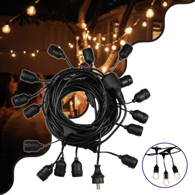 LEDTM® E27GARLAND 78985 Μοντέρνο Φωτιστικό Κήπου Γιρλάντα 20m με Ντουί 15 x E27 & Πρίζα Schuko Επεκτεινόμενη 90° AC 220-240V IP65 - Μαύρο - Μ1500 x Π127 x Υ16cm