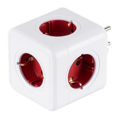 LEDTM® TRAVEL PowerCube PRO Certified 79628 Πολύπριζο 5 Θέσεων με 5 Πρίζες Ασφαλείας Childproof EU Schuko AC 220-240V Μ7.5 x Π11.5 x Υ7.5 - Λευκό με Κόκκινο - Max Load 3680W/16A