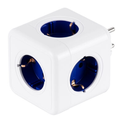 LEDTM® TRAVEL PowerCube PRO Certified 79629 Πολύπριζο 5 Θέσεων με 5 Πρίζες Ασφαλείας Childproof EU Schuko AC 220-240V Μ7.5 x Π11.5 x Υ7.5 - Λευκό με Μπλε - Max Load 3680W/16A