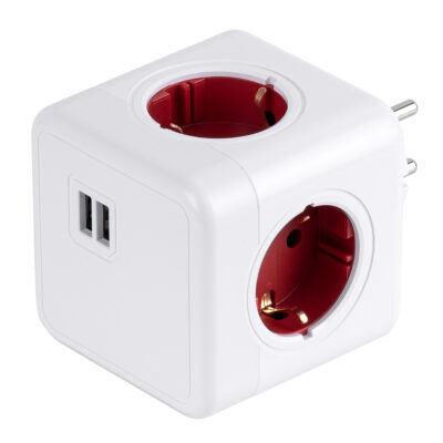 LEDTM® TRAVEL PowerCube PRO Certified 79634 Πολύπριζο 6 Θέσεων με 4 Πρίζες Ασφαλείας Childproof EU Schuko AC 220-240V & 2 Πρίζες USB Max 2.1A/DC 5V Μ7.5 x Π11.5 x Υ7.5 - Λευκό με Κόκκινο - Max Load 3680W/16A