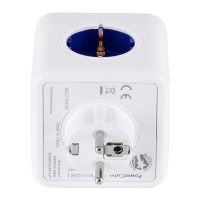 LEDTM® TRAVEL PowerCube PRO Certified 79638 Πολύπριζο 6 Θέσεων με 4 Πρίζες Ασφαλείας Childproof EU Schuko AC 220-240V & 2 Πρίζες USB Max 2.1A/DC 5V Μ7.5 x Π11.5 x Υ7.5 - Λευκό με Μπλε - Max Load 3680W/16A - Image 5