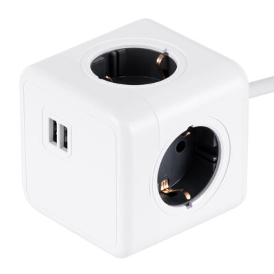 LEDTM® TRAVEL PowerCube PRO Certified 79639 Πολύπριζο 6 Θέσεων με 1.5m Kαλώδιο - 4 Πρίζες Ασφαλείας Childproof EU Schuko AC 220-240V & 2 Πρίζες USB Max 2.1A/DC 5V Μ7.5 x Π7.5 x Υ7.5 - Λευκό με Γκρι - Max Load 3680W/16A