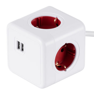 LEDTM® TRAVEL PowerCube PRO Certified 79642 Πολύπριζο 6 Θέσεων με 1.5m Kαλώδιο - 4 Πρίζες Ασφαλείας Childproof EU Schuko AC 220-240V & 2 Πρίζες USB Max 2.1A/DC 5V Μ7.5 x Π7.5 x Υ7.5 - Λευκό με Κόκκινο - Max Load 3680W/16A