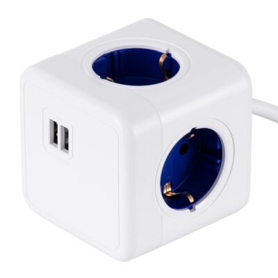 LEDTM® TRAVEL PowerCube PRO Certified 79643 Πολύπριζο 6 Θέσεων με 1.5m Kαλώδιο - 4 Πρίζες Ασφαλείας Childproof EU Schuko AC 220-240V & 2 Πρίζες USB Max 2.1A/DC 5V Μ7.5 x Π7.5 x Υ7.5 - Λευκό με Μπλε - Max Load 3680W/16A