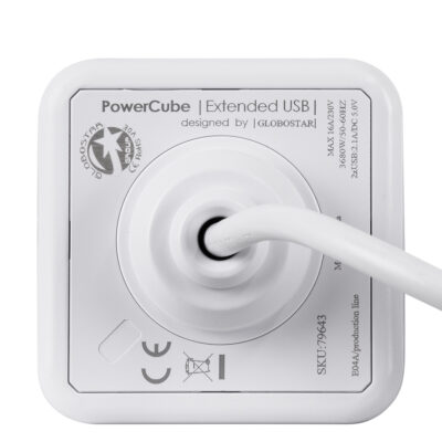 LEDTM® TRAVEL PowerCube PRO Certified 79643 Πολύπριζο 6 Θέσεων με 1.5m Kαλώδιο - 4 Πρίζες Ασφαλείας Childproof EU Schuko AC 220-240V & 2 Πρίζες USB Max 2.1A/DC 5V Μ7.5 x Π7.5 x Υ7.5 - Λευκό με Μπλε - Max Load 3680W/16A - Image 9