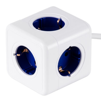 LEDTM® TRAVEL PowerCube PRO Certified 79646 Πολύπριζο 5 Θέσεων με 1.5m Kαλώδιο - 5 Πρίζες Ασφαλείας Childproof EU Schuko AC 220-240V Μ7.5 x Π11.5 x Υ7.5 - Λευκό με Μπλε - Max Load 3680W/16A