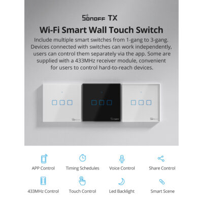 LEDTM® 80131  SONOFF T2EU2C-RF - 433MHz Wireless Smart Wall Touch Button Switch AC 100-240V Max 4A (2A/Way) 2 Way - RF Series - Image 6