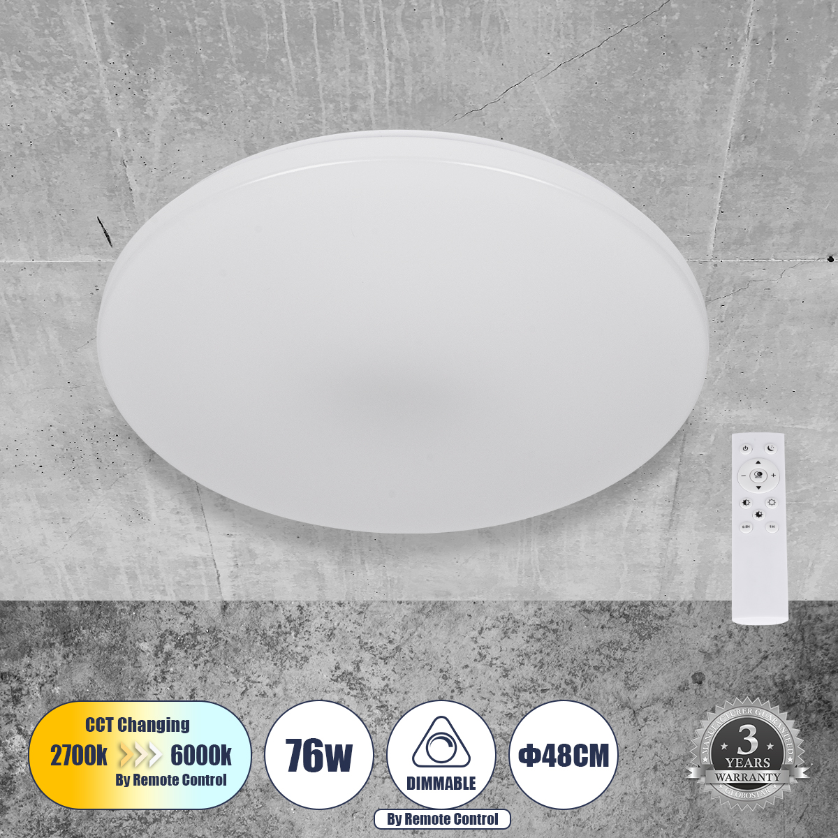 LEDTM® AVA 61017 Μοντέρνο Φωτιστικό Οροφής LED 76W 7600lm 120° AC 220-240V IP20 Ρυθμιζόμενο Λευκό CCT με Χειριστήριο από 2700K έως 6000K Dimmable - Lumileds SMD Chip - Λευκό Ματ - Μ48 x Π48 x Υ6.5cm - 3 Χρόνια Εγγύηση - Image 2