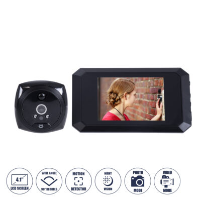 LEDTM® 86063 Επαναφορτιζόμενη Ψηφιακή Έξυπνη Camera Εξώπορτας 90° Μοιρών με Έγχρωμη Οθόνη 4.1" Inches - USB - Νυχτερινή Όραση με LED IR - Κουδούνι - Μαύρο