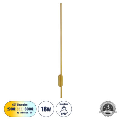 Alternative view of LEDTM® HARLEM 61336 Μοντέρνο Φωτιστικό Τοίχου - Απλίκα LED 18W 2160lm 120° AC 220-240V IP20 Ρυθμιζόμενο Λευκό CCT με On/Off 2700K/4500K/6000K - Lumileds SMD Chip - Χρυσό Βούρτσας - Μ5 x Π4 x Υ120cm - 3 Χρόνια Εγγύηση
