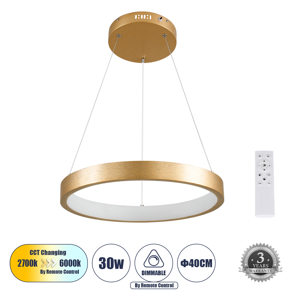 LEDTM® NEMESIS 61157 Μοντέρνο Κρεμαστό Φωτιστικό Οροφής LED 30W 3513lm 360° AC 220-240V IP20 Ρυθμιζόμενο Λευκό CCT με Χειριστήριο από 2700K έως 6000K Dimmable - Lumileds SMD Chip - Χρυσό Βούρτσας - Μ40 x Π40 x Υ4cm - 3 Χρόνια Εγγύηση - Image 2