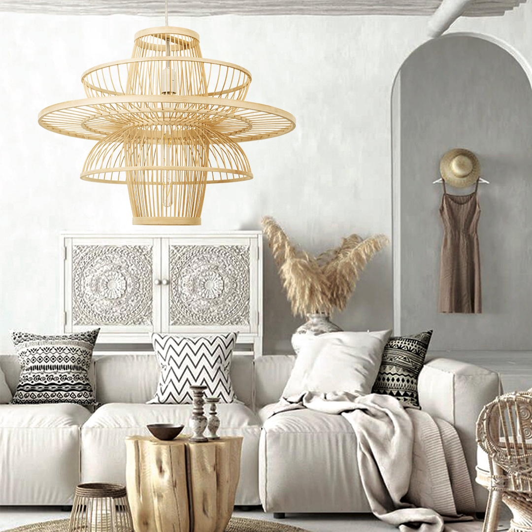 LEDTM® BALI 00861 Boho Κρεμαστό Φωτιστικό Οροφής με Ντουί 1 x E27 AC 220-240V IP20 - Μπεζ - Μ45 x Π45 x Υ42.5cm - Image 9