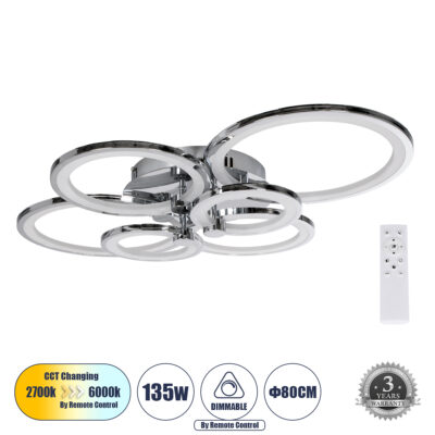 LEDTM® ROYAL-R 61324 Φωτιστικό Οροφής Design LED CCT 135W 16200lm 360° AC 220-240V - Εναλλαγή Φωτισμού μέσω Τηλεχειριστηρίου All In One Ψυχρό 6000k+Φυσικό 4500k+Θερμό 2700k Dimmable - Μ80.5 x Π59 x Υ12cm - Ασημί Νίκελ - 3 Years Warranty