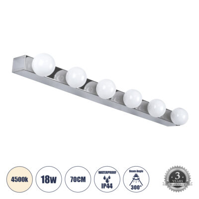 Alternative view of LEDTM® BELLA 60453 Μοντέρνο Φωτιστικό Τοίχου - Απλίκα Καθρέπτη Μπάνιου LED 18W 2052lm 300° AC 220-240V IP44 Φυσικό Λευκό 4500K - Bridgelux COB Chip & TÜV SÜD Driver - Ασημί & Λευκό - Μ70 x Π11 x Υ6cm - 3 Χρόνια Εγγύηση