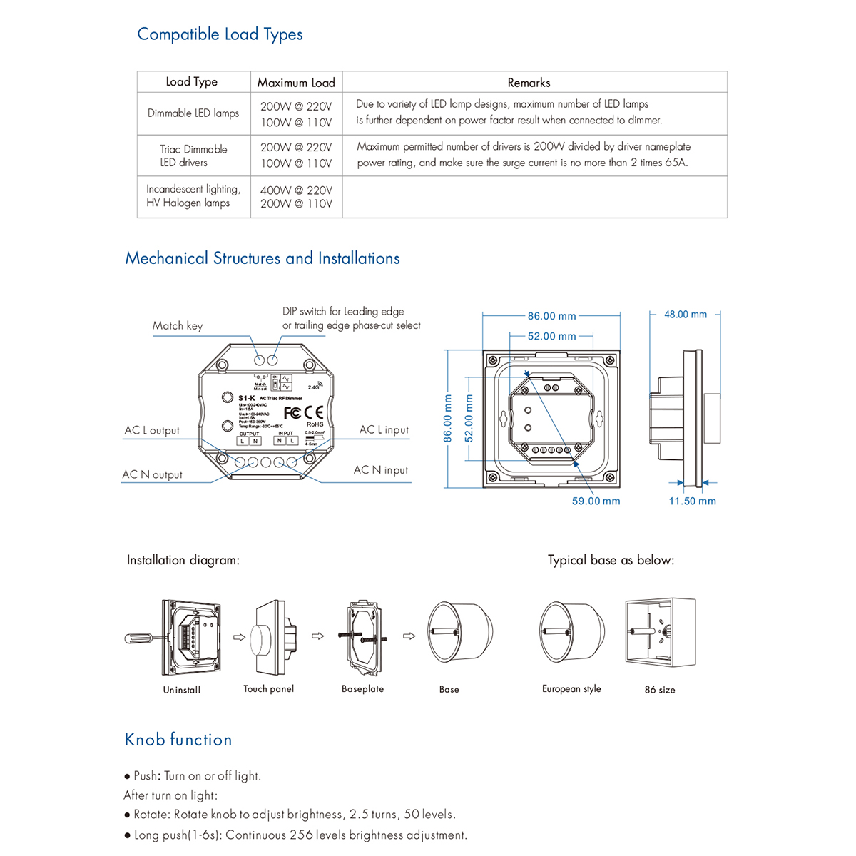 LEDTM® 71455 S1-K SKYDANCE AC Smart RF 2.4Ghz & Ροοστάτη - Push ON/OFF Triac Dimming AC100-240V σε AC100-240V 1 x 1.5A 360W - Max 1.5A 360W - IP20 - Μαύρο Σώμα - Μ8.5 x Π8.5 x Υ5cm - 5 Years Warranty - Image 10