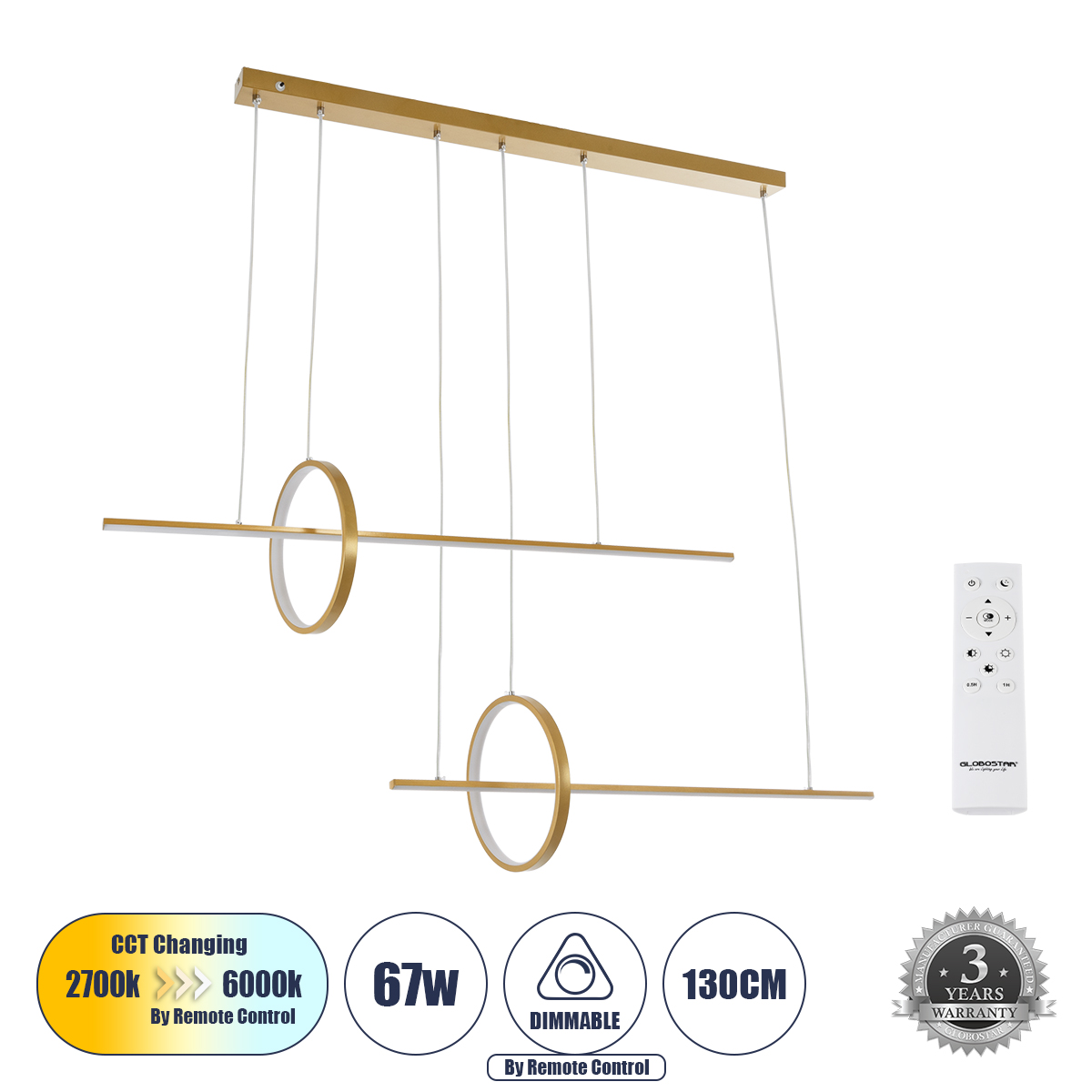 LEDTM® LINEARE 61291 Μοντέρνο Κρεμαστό Φωτιστικό Οροφής LED 67W 7504lm 300° AC 220-240V IP20 Ρυθμιζόμενο Λευκό CCT με Χειριστήριο από 2700K έως 6000K Dimmable - Lumileds SMD Chip - Χρυσό Βούρτσας - Μ130 x Π25 x Υ60cm - 3 Χρόνια Εγγύηση - Image 2