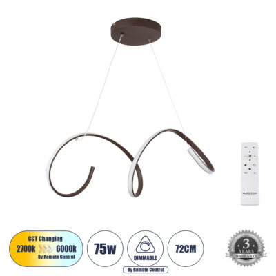 Alternative view of LEDTM® SPIRALE 61287 Μοντέρνο Κρεμαστό Φωτιστικό Οροφής LED 75W 8400lm 300° AC 220-240V IP20 Ρυθμιζόμενο Λευκό CCT με Χειριστήριο από 2700K έως 6000K Dimmable - Lumileds SMD Chip - Καφέ Ματ - Μ72 x Π25 x Υ30cm - 3 Χρόνια Εγγύηση