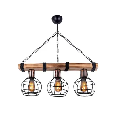 LEDTM® STARLO 201-0006 Vintage Κρεμαστό Φωτιστικό Ράγα Τρίφωτο 3 x E27 IP20 Μπεζ Ξύλο με Μαύρο Μέταλλο - Μ50 x Π16 x Υ23cm