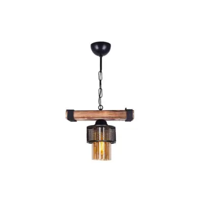 LEDTM® GLORA 201-0007 Vintage Κρεμαστό Φωτιστικό Ράγα Μονόφωτο 1 x E27 IP20 Μπεζ Ξύλο με Μαύρο Μέταλλο & Μελί Γυαλί - Μ29 x Π12 x Υ21cm